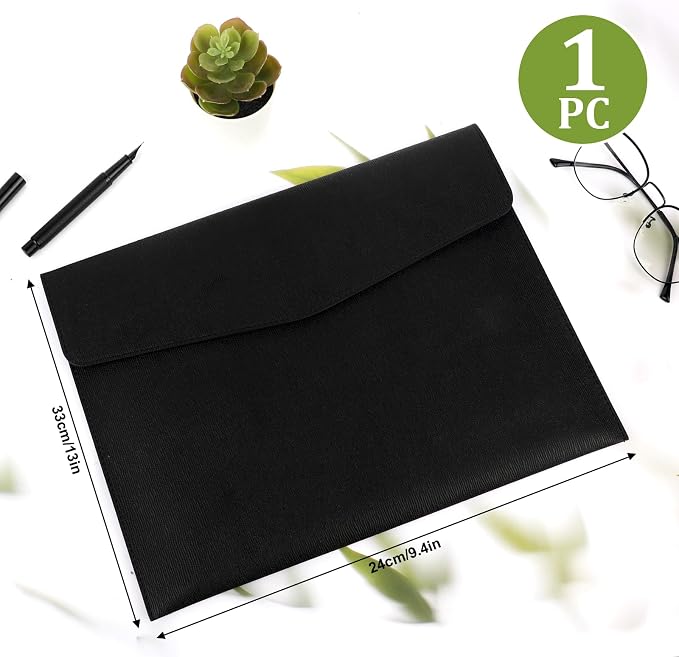 COMNICO Document File Folder, 1Pcs PU Leather A4 Envelope Folder Expanding File Organizer Waterproof Portfolio Black Storage Case with Invisible Magnetic Closure