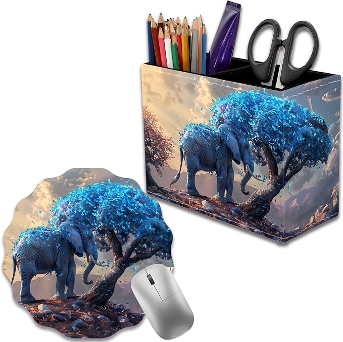Pen Holder for Desk, PU Leather Multifunctional Desktop Storage Box and Anti-Slip Mouse Pad Set, Makeup Brush Holder Pen Organizer for Office and Home - Leaves and Elephants