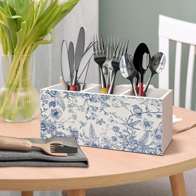Chinoiserie Floarl Pen Holder for Home Office Desk, Vintage Home Decor, Chinoiserie Blue and White Floral Birds Makeup Brush Toothbrush Holder Organizer for Bathroom Desk Accessories