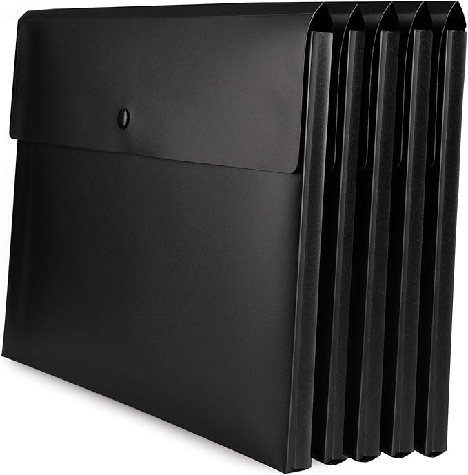 VANRA Expanding Poly File Jacket Filing Envelope File Folder Pockets Document Holder Organizer A4 Letter Size with Snap Button (Black, Pack of 5)