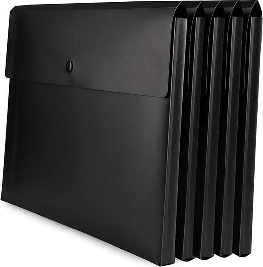 VANRA Expanding Poly File Jacket Filing Envelope File Folder Pockets Document Holder Organizer A4 Letter Size with Snap Button (Black, Pack of 5)