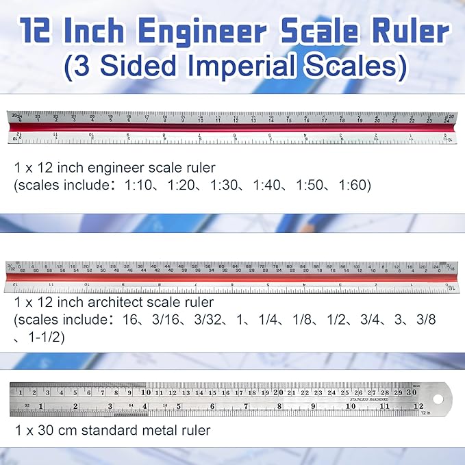 Biaungdo 3 Pack Architectural and Engineer Scale Ruler Set, 12 Inch Aluminum Triangular Drafting Tool, Laser-Etched Architect Scales Ruler for Draftsman, Standard Metal Ruler Included, Color-Coded