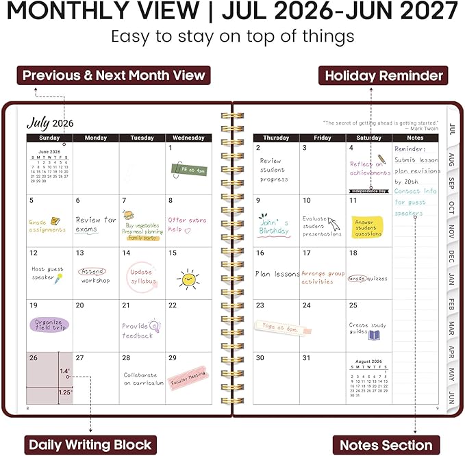 Academic Planner 2026-2027, Weekly and Monthly Calendar Planner Book, July 2026 – June 2027, Hardcover Organizer with Tabs, Perfect for Teachers, Students, Women & Men, A5 (6.4" x 8.5") - Burgundy
