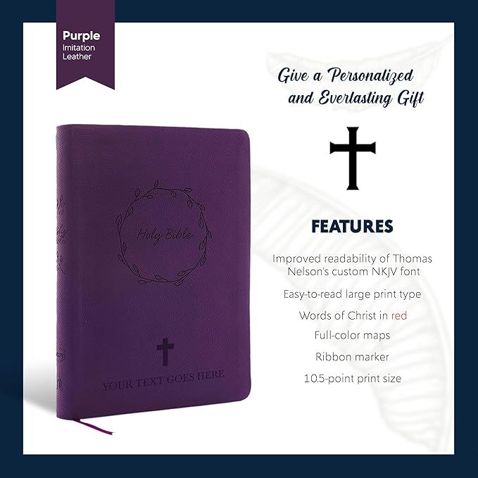 MerchSalad Personalized Custom NKJV Thinline Large Print Holy Bible with Name Includes Up To 3 Rows Of Text with Red-Highlighted Verses, Custom Gift for Christian & Religious Celebrations | Purple