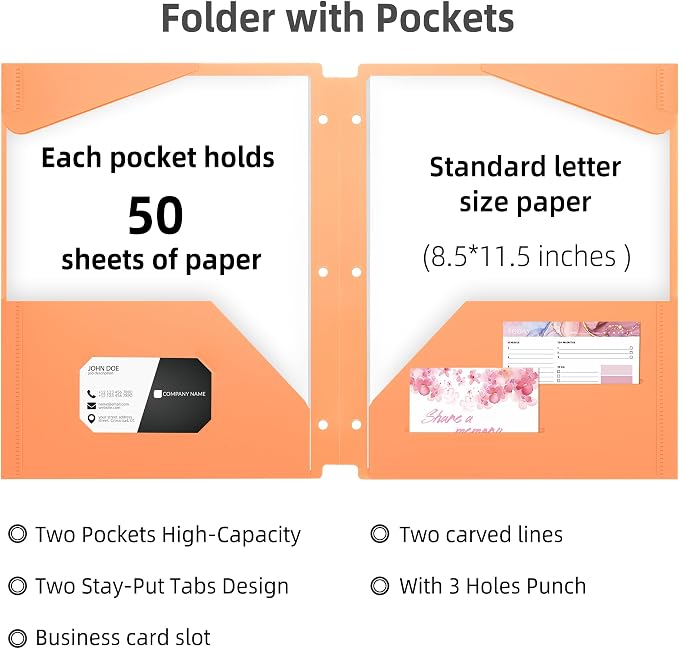 Ospelelf Folders with Pockets Waterproof Plastic Pocket Folders for Documents Letter Size 8.5'' x 11'', Fits 3 Ring Binder Holds, 6 Pack