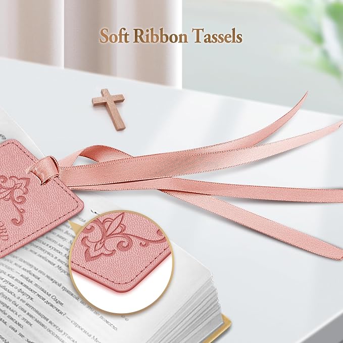 FINPAC Leather Bible Bookmarks, Vegan Religious Bookmarks, Bible Verse Book Markers Church Gifts for Women Men [Trust in The Lord with All Your Heart] - Pink