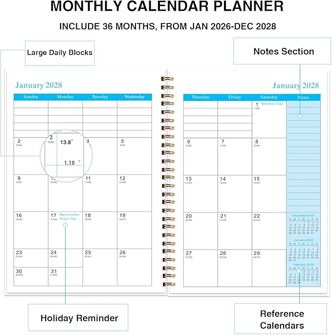2026-2028 Monthly Planner - 3 Year Monthly Calendar/Planner 2026-2028, 5.9" x 8.5", 36 Month Calendar Planner, Planners with Twin-Wire Binding, Lined Notes Pages