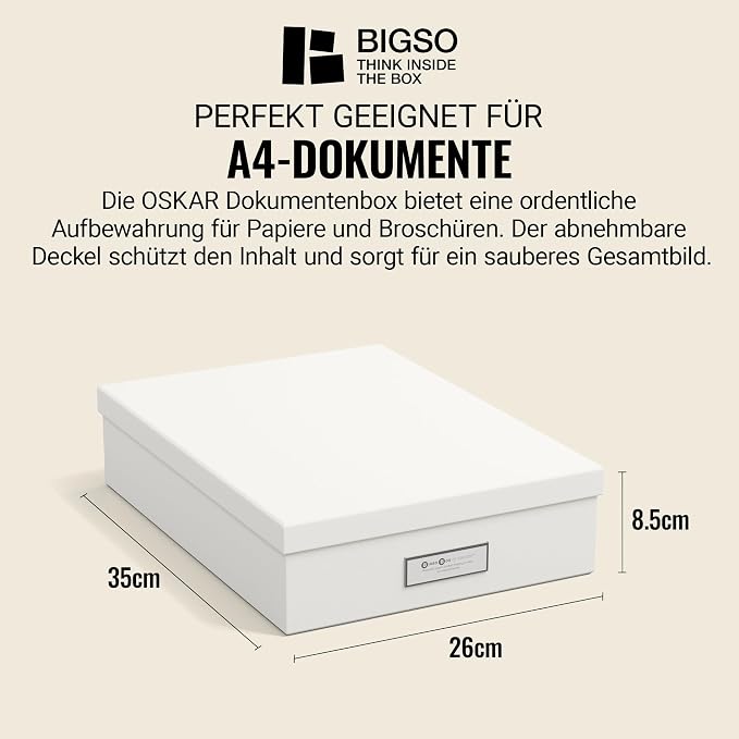 Bigso Box of Sweden Document Box for A4 Paper, Brochures and Notes - Box with Lid and Handle - Fibreboard and Paper Box Storage with Lid - White