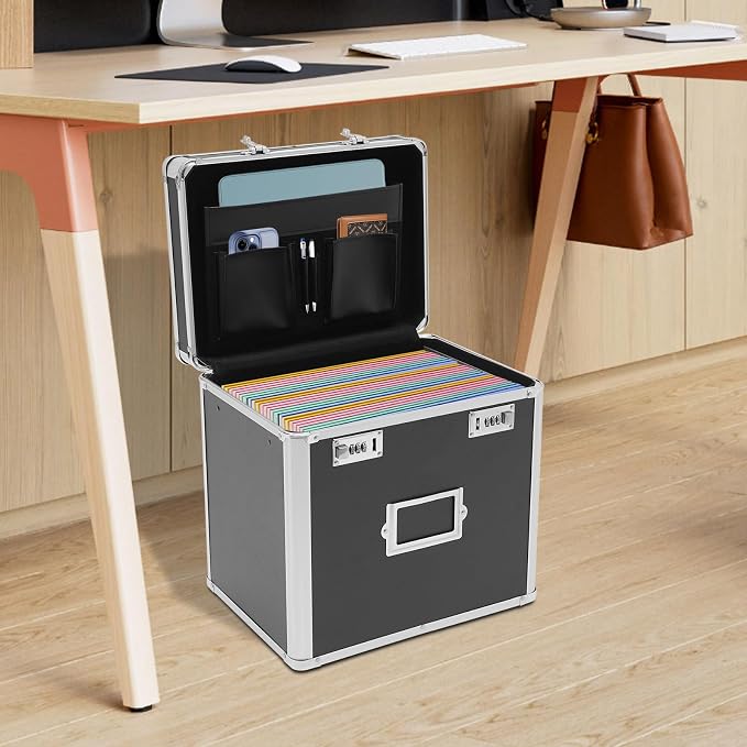 File Organizer Box, L13.8*D10*H13.4in Locking Document Storage Cabinet File Folder with Combination Locks & Handle, Portable Metal Filing Storage Box for Office Travel, Black