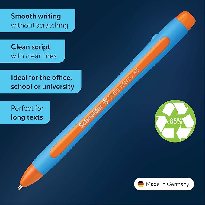 Schneider Slider Memo XB (Extra Broad) Ballpoint Pen, 1.4 mm, Light Blue Barrel, Orange Ink, Box of 10 Pens (150206)