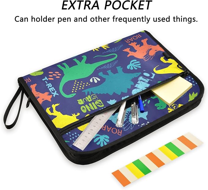 Colorful Dinosaur Grunge Purple File Folders,Plastic Folders with 13 Pockets,Expandable File Folder for Documents School Students Office,Aesthetic Folder with Labels A4 Letter Size