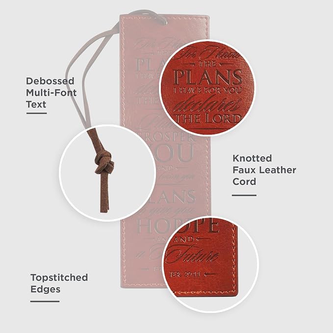 Christian Art Gifts Premium Vegan Leather Scripture Bookmark for Men: I Know The Plans - Jeremiah 29:11 Inspirational Bible Verse, Heat-Debossed, Faith-Based Reading Accessory, Brown with Cord Tassel