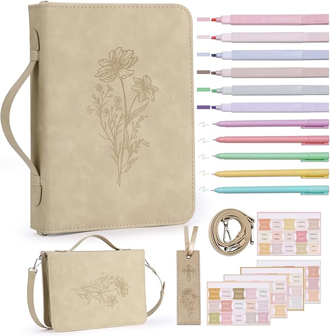 19PCS Floral Khaki Leather Bible Cover for Women Bible Cover Cases for Teen Girls Christmas Gift Christian Bags Journaling Kit with Shoulder Strap Highlighter Pens & Book Marker 10.47 * 7.48 * 2.17in