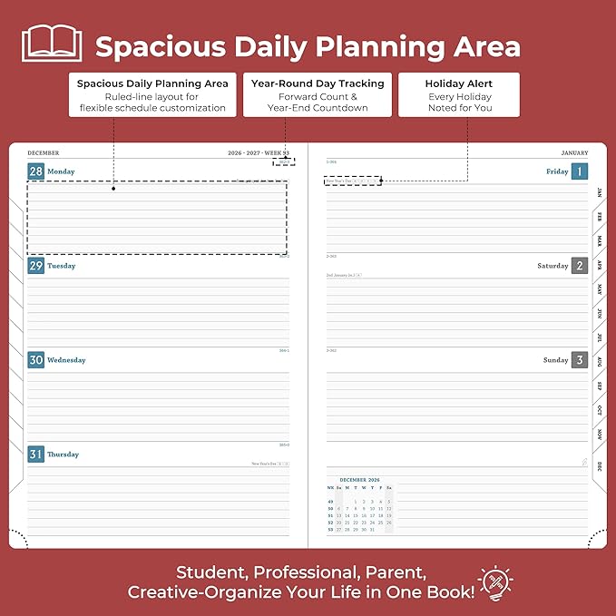 Weekly Monthly 2026-2027 Planner (July 26-Dec 27),11.5"x8.5",18 Months Agenda Plan with Month Tabs & Pocket,Expenses/Note Pages, Academic Calendar with Vegan Leather Cover,Red