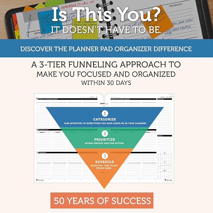 Planner Pad 7 Hole Loose Leaf July 2026 – June 2027 / Academic Year 8 1/2" x 11” 3-Tier Funnel Down 12 Month Large Size Organizer, Black Ink