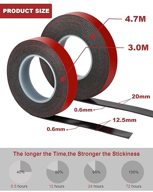 VHB Double Sided Tape, Thin Double Sided Mounting Tape, 12.5mm × 3m Black Adhesive Tapes, Heavy Duty Waterproof High Temperature Resistant for LED Strips, Car Decor, Home Office