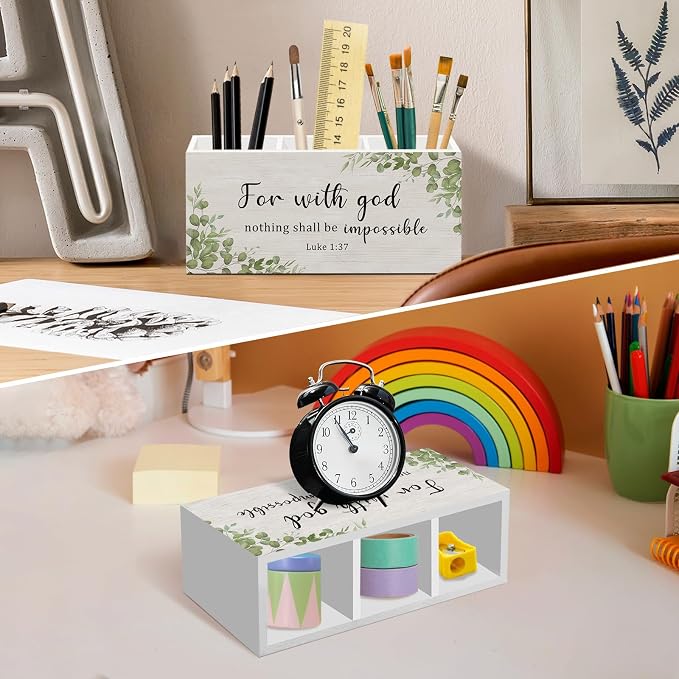 Luke 1:37 Pen Pencil Holder for Desk, For with God Nothing Shall Be Impossible Office Desk Accessories Decor, Sage Green Christian Motivational Pen Holders Organizer for Farmhouse Home