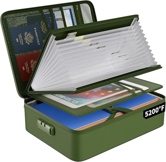 ENGPOW 5200 Fireproof File Organizer Bag with 13 Pocket Accordion File Folder, Document Organizer Box with Lock & Labels, Multi-Layer Portable Home Travel Safe Storage for Important Documents, Green
