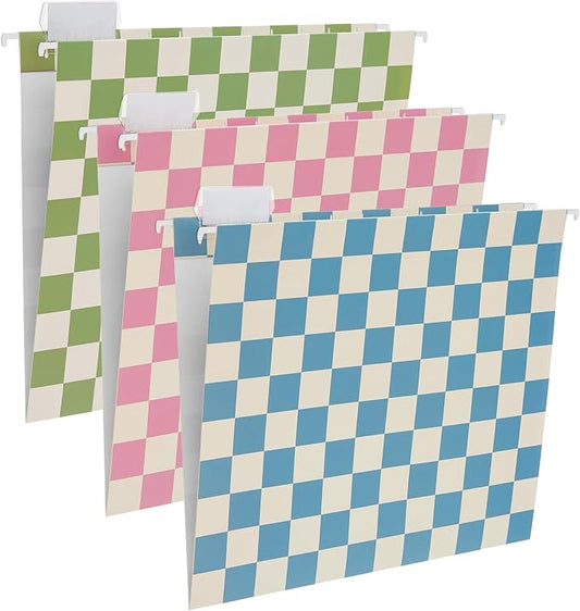 Y YOMA 6 Pack Decorative Hanging File Folders Letter Size Checkerboard Hanging Folder Pretty File Folder Organizer for Filing Cabinet Office Home with 1/5-Cut Adjustable Tabs, Peaceful Color
