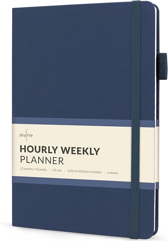 Skyline Hourly Weekly Planner – Undated Agenda & Daily Appointment Book – Time Blocking Notebook for Business Entrepreneurs, A5 (Navy Blue)