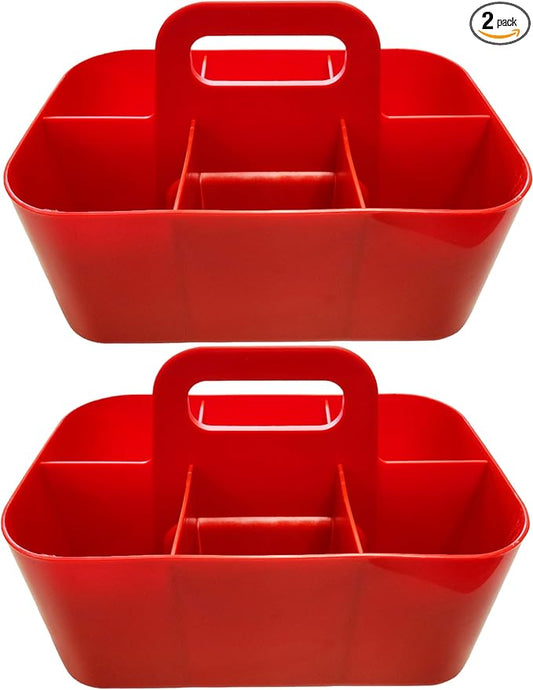 2 Pack Small 6 Compartment Multiuse Caddy Organizer with Handle Art Craft Supplies, Office, Desk, Stationery Pen Holder Stackable- Made In USA (Red)