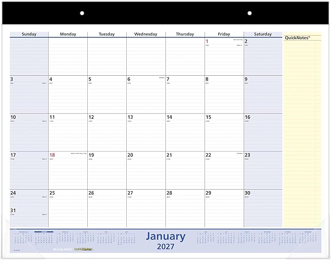AT-A-GLANCE 2027 Desk Pad Calendar, Monthly Desk Wall Planner, 13-Month Jan-Jan, 21.75" x 17", QuickNotes (SK7000027)