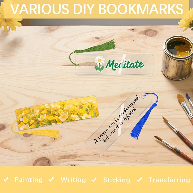 50 Pcs Clear Acrylic Bookmarks Blanks Rectangle, Plastic Book Page Markers Transparent Acrylic Bookmark Blank Bulk with 50 Pcs Book Mark Tassels for DIY Crafting Projects and Gift Tags