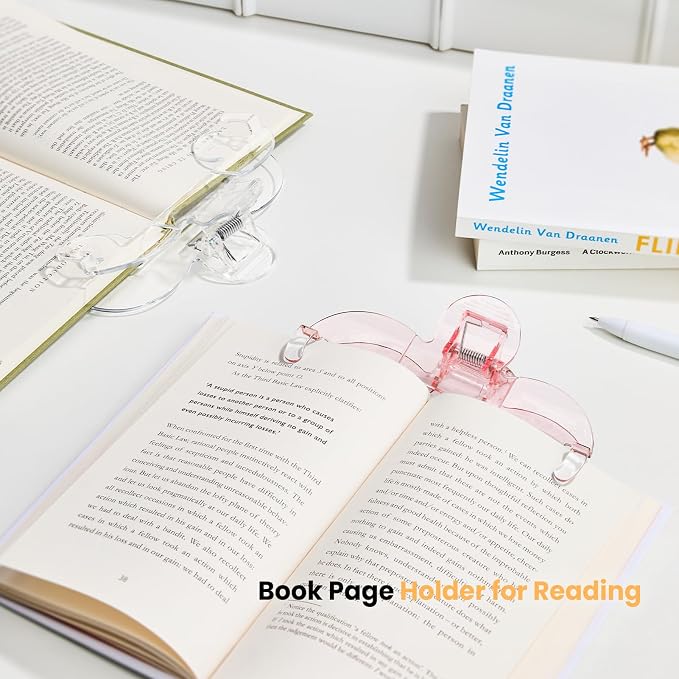 Transparent Book Page Holder for Reading, Large Book Clips to Hold Book Open, Page Holder Clip for Fixing Music Book, Page Marker for Teaching, Cooking （Pink）