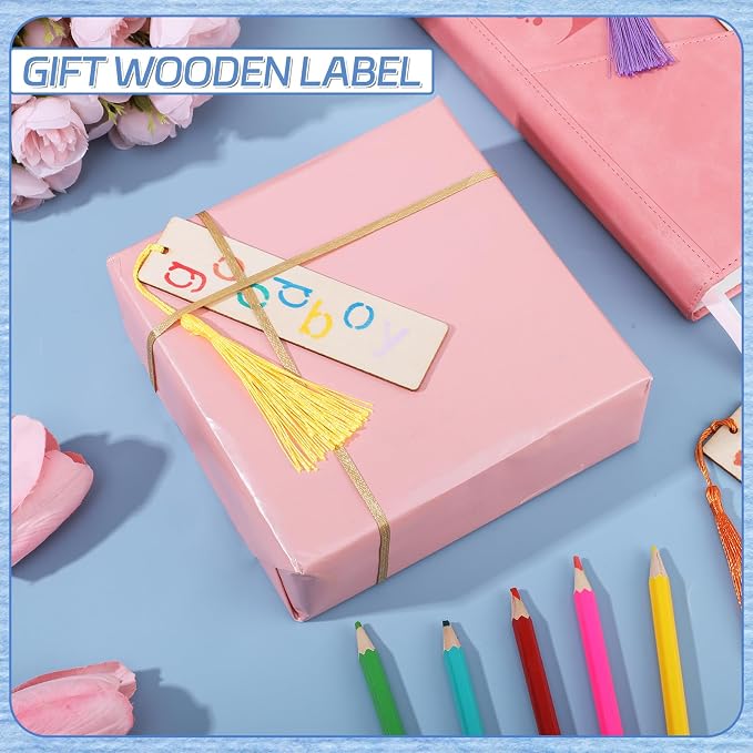 126PCS Bookmark Making Kit, 60 PCS Unfinished Wood Bookmarks with 60 PCS Colorful Tassels 5 Templates Craft and 1 Rope for DIY Crafts, Painting, Father's Day Gift, Birthday Party