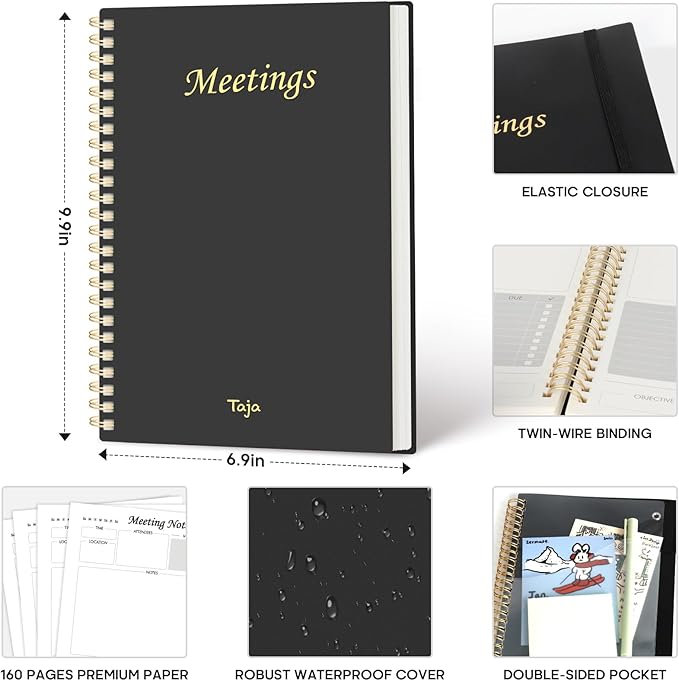 Taja Meeting Notebook for Work Organization - Work Planner Notebook with Action Items, Agenda Planner for Note Taking, 160 Pages (6.9" X 9.9") Project Organizer for Men & Women - Black 1