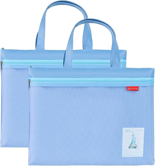Mesh Zipper Pouch 11x13.7 in, A4 Double Pocket Waterproof File Bag with Handle, Document Storage for School/Travel/Office/Puzzle (Blue, 2pcs)