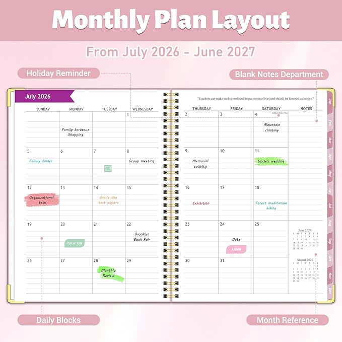 Teacher Planner 2026-2027, Jul 2026-Jun 2027 Academic Year, 8.5" x 11" Lesson Planner Book for Teachers Calendar, Spiral Bound Planners, Colorful Monthly Tabs, Hardcover, Corner Protectors - Pink