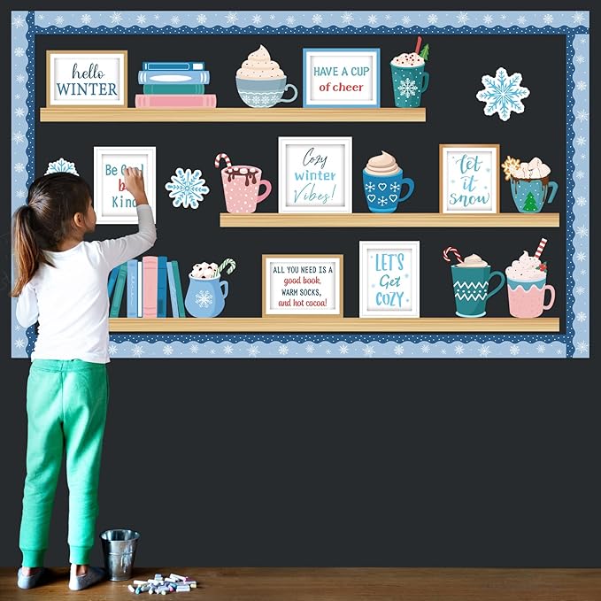Winter Hot Cocoa Bulletin Board Set Winter Warm Inspirational Bulletin Board Christmas Classroom Decoration Snowflakes Paper Cutouts for Xmas Holiday School Office Chalkboard Wall Supplies