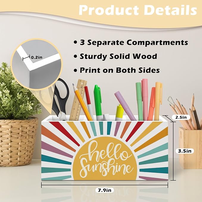 Boho Hello Sunshine Pen Holder Organizer Desk Decor, Boho Classroom Decor, Colorful Sunshine Sunrise Sunset Wooden Pen Pencil Holders for Kids Room Classroom Home Office Desk Accessories