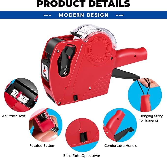 Price Gun,Handheld Price Tag Gun Red Pricing Gun with Extra 10,000 Pad Labels and 2 Pack of Inks Price Guns Tool Set for Retail, Price Stamp for Groceries Price Labeling