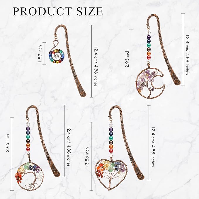4 Pcs 7 Chakra Crystal Bookmark Antique Copper Metal Beading Healing Stone Vintage Bookmarks Tumbled Gemstones Book Markers for Student Office Birthday Present(Fresh Style)