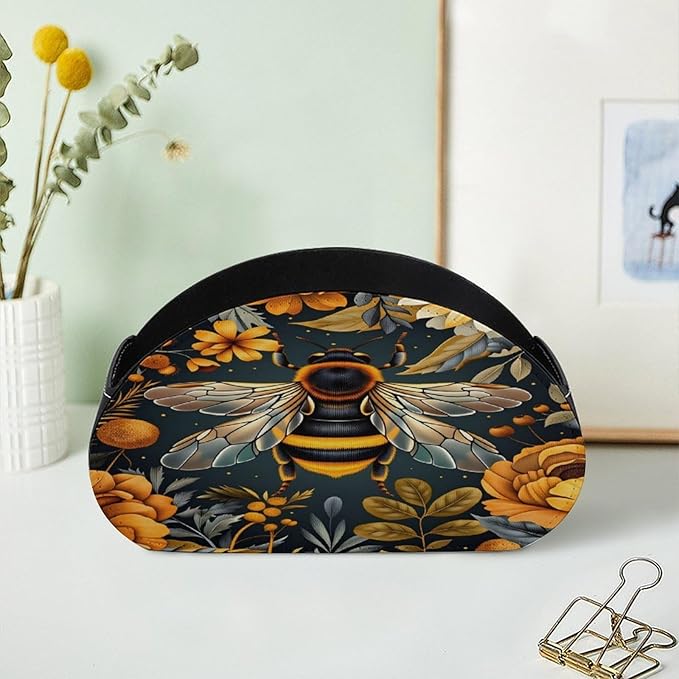 Bee Floral Remote Control Holder with 5 Compartment PU Leather Multi Functional Desk Storage for TV Remotes Office Supplies