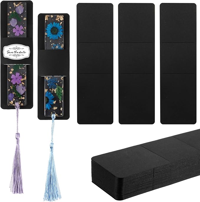 Fumete 50 Pieces Resin Bookmark Holder 5.9 x 1.8 Inches Kraft Bookmark Sleeves DIY Bookmarks Display Cards for Wrapping Small Business Packaging Supplies Party Favor Gift (Black, Cute)