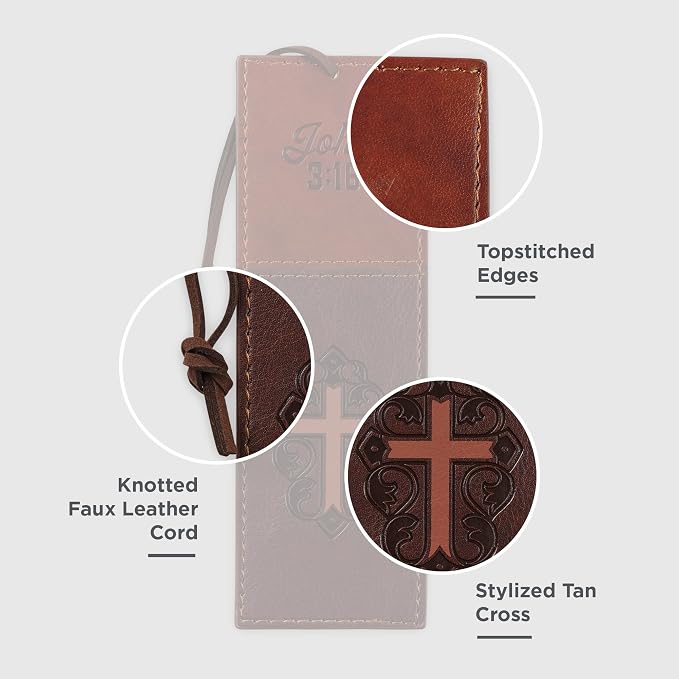 Christian Art Gifts Premium Vegan Faux Leather Scripture Bookmark for Men & Women: Cross - John 3:16 Inspirational Bible Verse, Heat-Debossed, Faith-Based Reading Accessory with Cord, Two-Tone Brown
