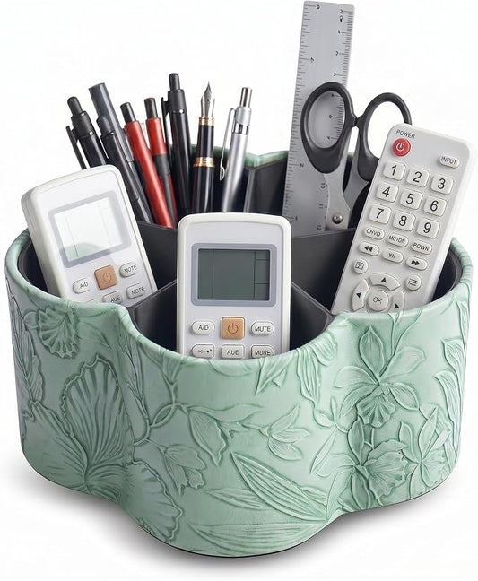 Flower Shaped Leather Art Supply Organizer,Remote Control Holder,360 Degree Spinning,Multi-Functional Pencil Holder,5 Compartments Desktop Stationary Organizer(1-Flower Green)