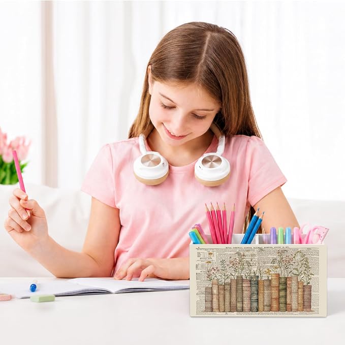 Vintage Book Floral Pen Pencil Holder for Desk Book Lovers Reader Gifts, Reading Corner Nook Decor, Bookish Wooden Box Sign Decorations for Reading Room Classroom Bedroom Desk Tabletop