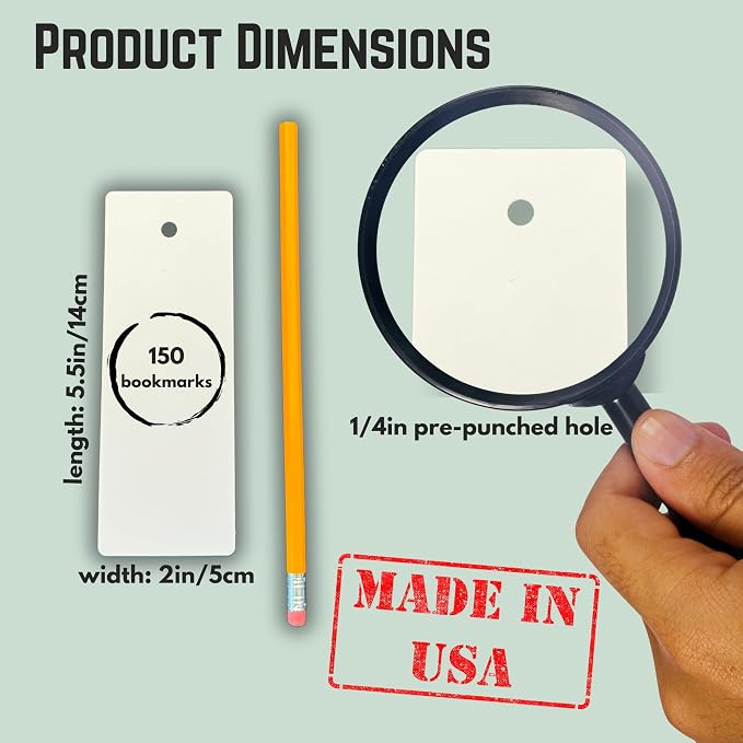 150 Blank White Cardstock Bookmarks with Pre-Punched Hole - Bulk Plain Bookmarks to Decorate, Gift/Price Tags, School and DIY Projects (5.5" x 2") Made in USA