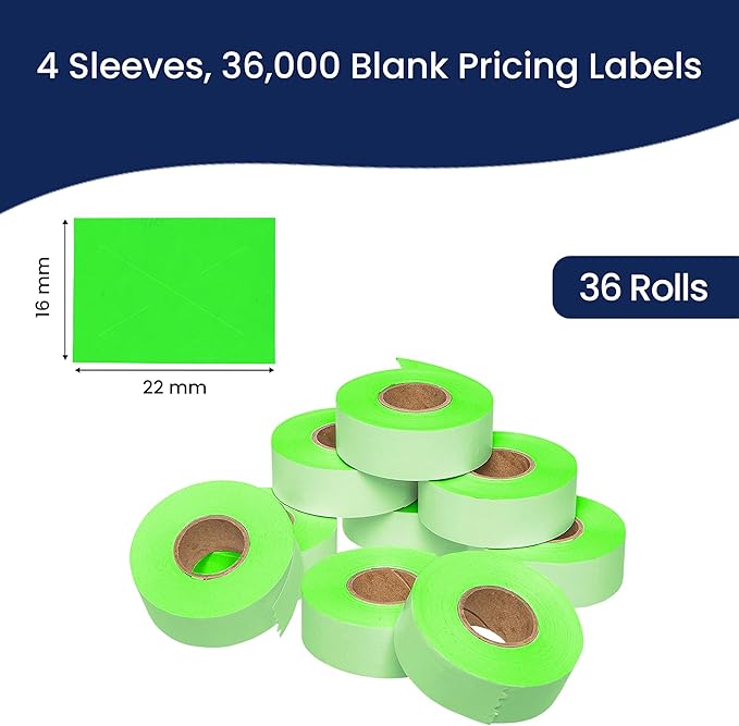 Perco Fluorescent Green Garvey 2216 Pricing Labels for Garvey 22-66/22-77/22-88 Two Line Pricing Gun - 36 Rolls, 4 Sleeve - 36,000 Pricemarking Labels and 4 Inker Included