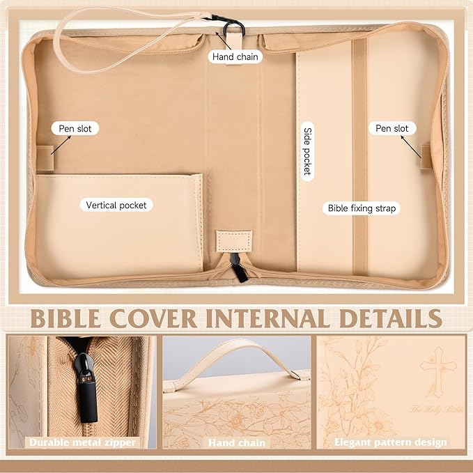 Bible Cover Case for Women Khaki Leather Floral Bible Storage Bag with Highlighters Tabs for Girls Bible Study Supplies Accessories Christian Gifts