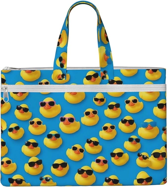 Waterproof Canvas Document Bag Cute Rubber Yellow Ducks with Sunglasses, Zippered File Briefcase with Handle for Office Meetings and Travel