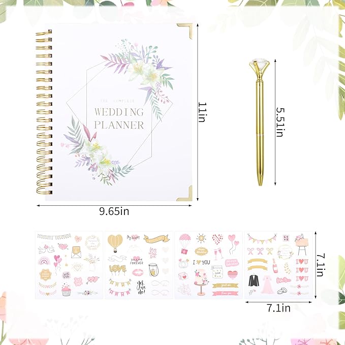 Wedding Planner Book and Organizer for Brides, 9.6 x 11 Inch Planning Binder with Countdown Calendar, Budget Sheets, Checklist, Floral Engagement Diary & Gift for Newly Engaged Couples