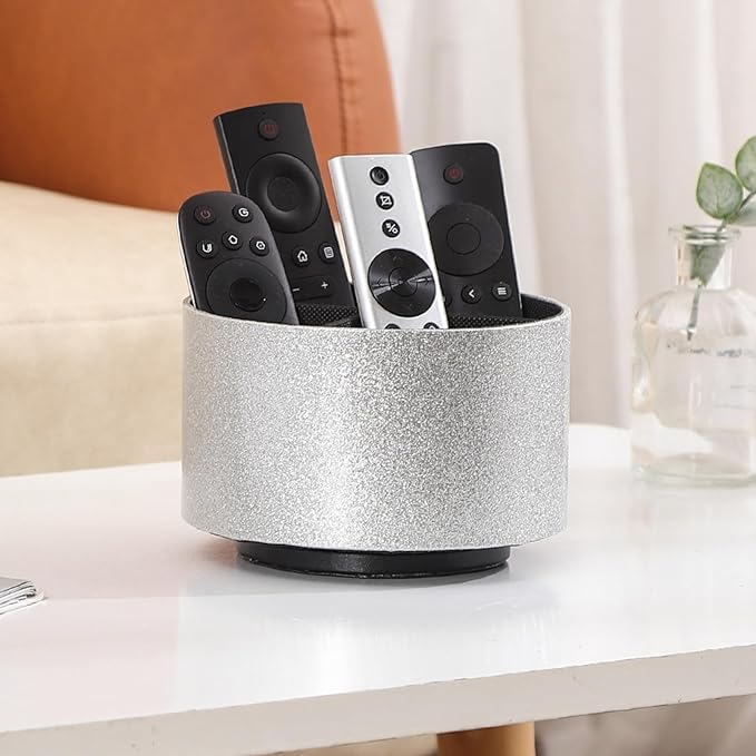 Spinning Caddy, PU Leather 360 Degree Rotating Remote Control Holder for Table with 4 Compartments, Cute Pen Holder Desk Organizer, Bling Silver PH100