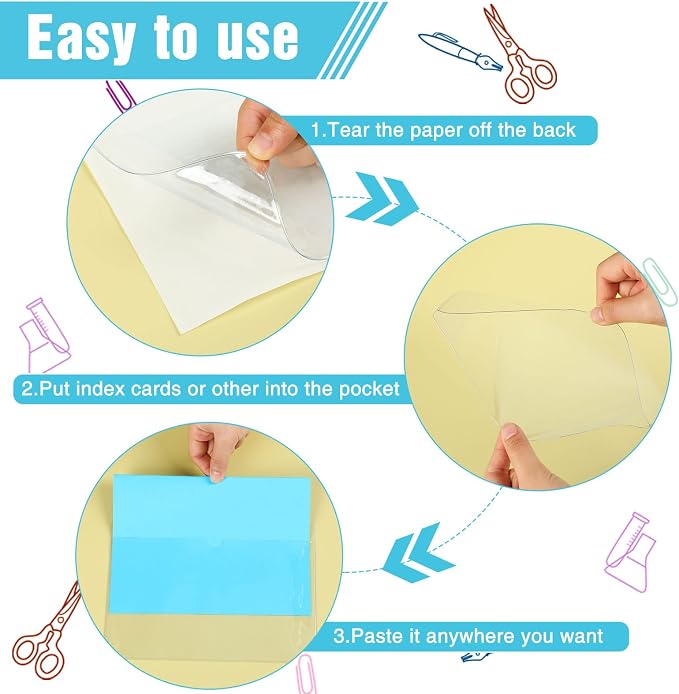30 Pack Self-Adhesive Index Card Pockets with Top Open for Loading - Ideal Index Card Holder for Organizing and Protecting - Crystal Clear Plastic (5.8 x 8.7 Inches)
