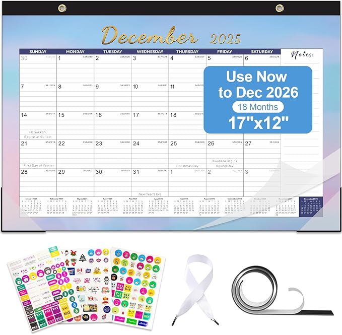 Gannyfer Desk Calendar 2026, Magnetic Calendar for Refrigerator, 18 Monthly Large Yearly Desktop/Wall Calendar 2026 with Stickers Plastic Cover Hanging String, 2026 Calendar for Office, Home or School, 17" x 12"