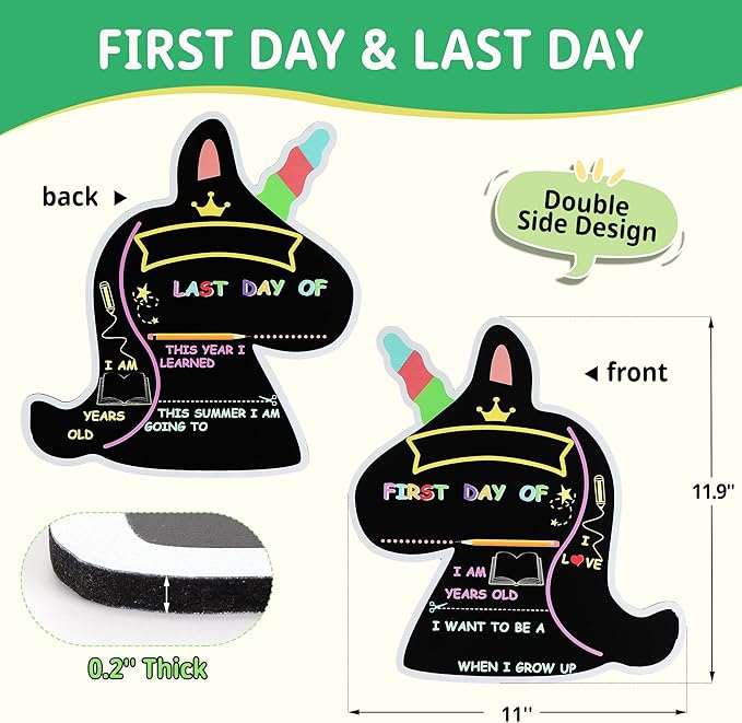 First and Last Day of School Chalkboard Sign with 4 Chalk Markers -11''×11.9'' Double Sided Back to School Sign Photo Prop for Preschool Kindergarten (Black-Unicorn)